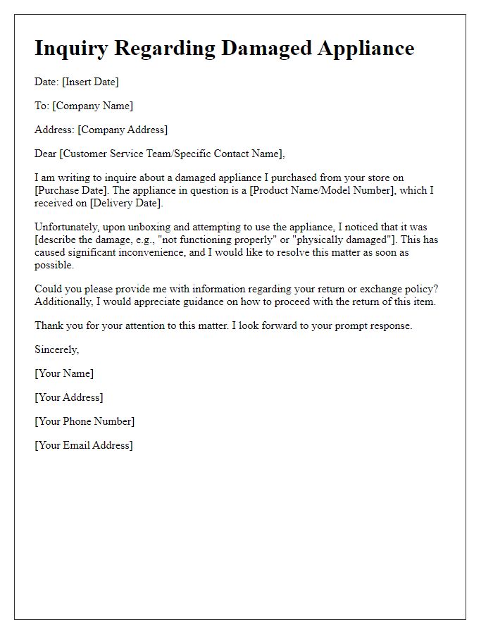 Letter template of damaged appliance inquiry