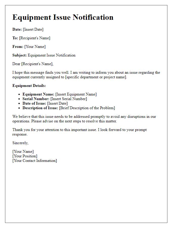 Letter template of equipment issue communication