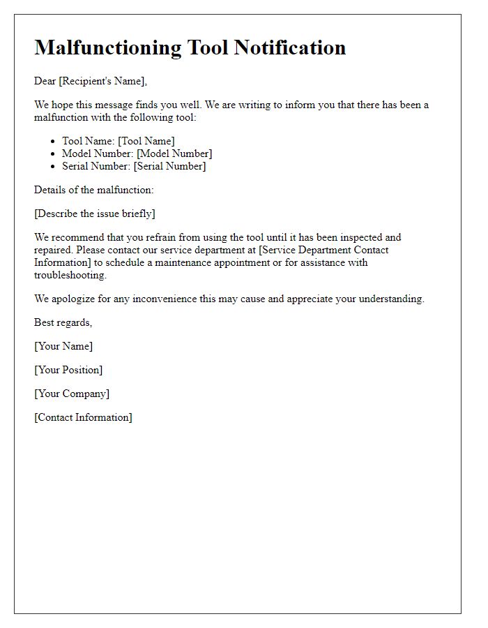Letter template of malfunctioning tool notification