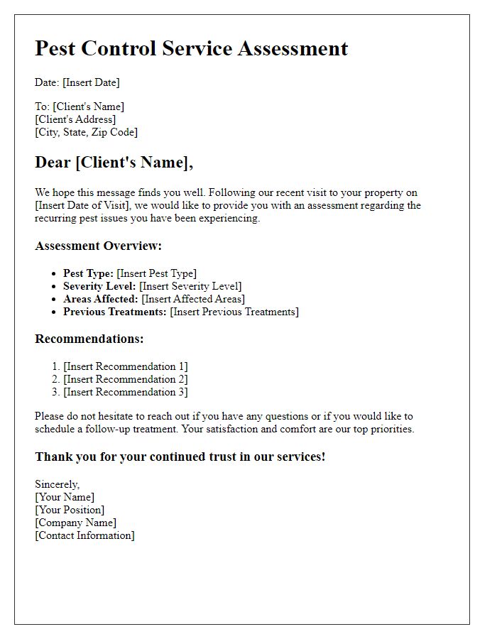 Letter template of pest control service assessment for recurring pest issues.