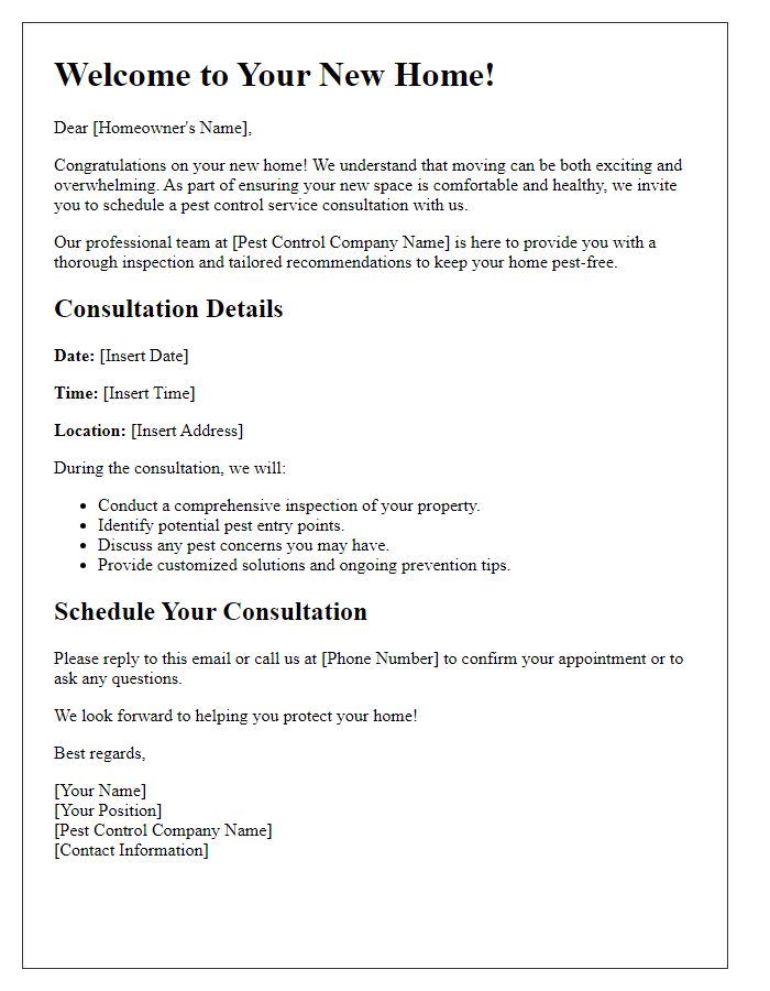 Letter template of pest control service consultation for a new homeowner.