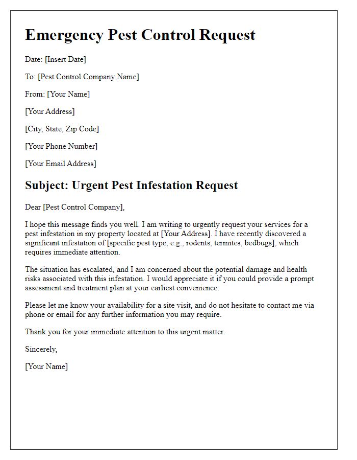 Letter template of pest control service emergency request for urgent infestation.