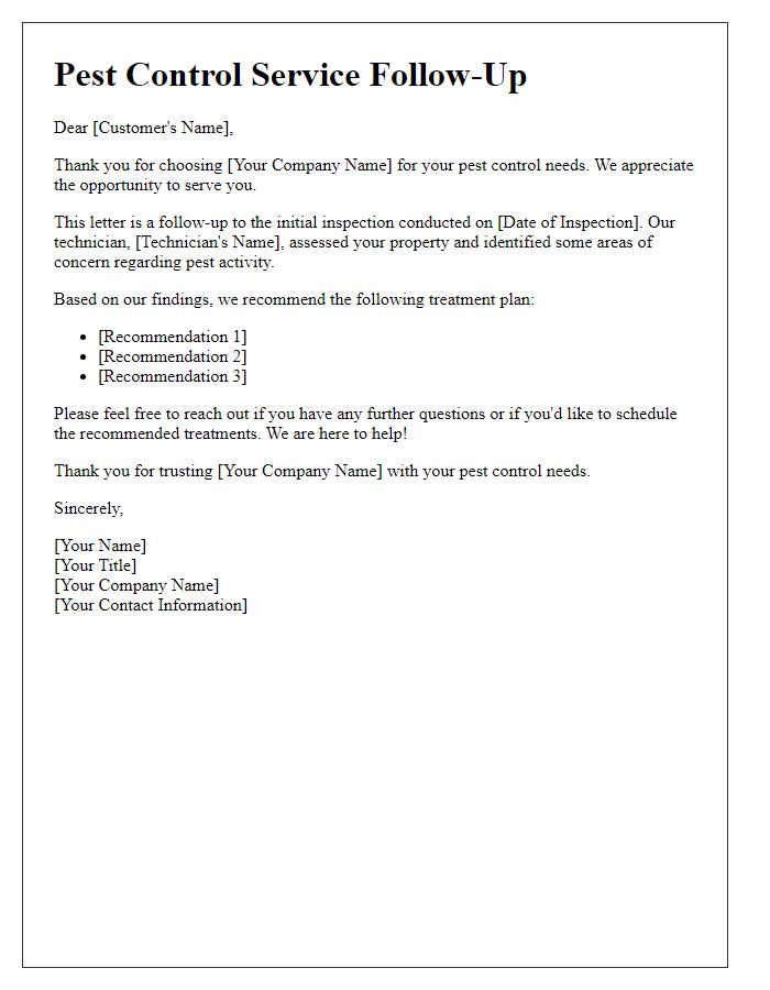 Letter template of pest control service follow-up after initial inspection.