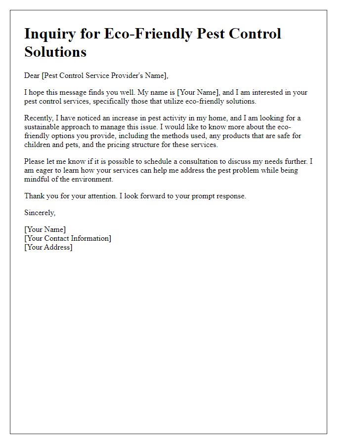 Letter template of pest control service inquiry for eco-friendly solutions.