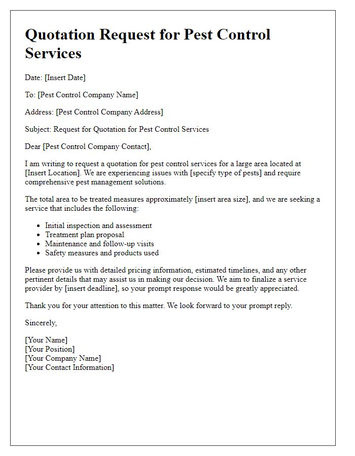 Letter template of pest control service quotation request for a large area.