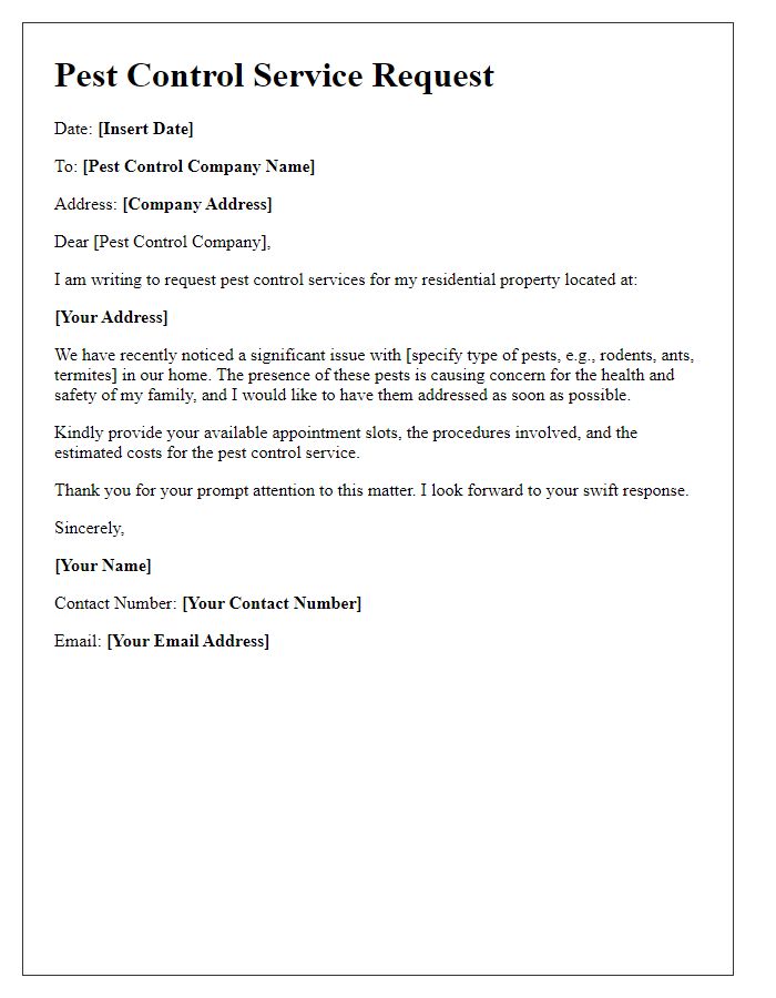 Letter template of pest control service request for residential property.