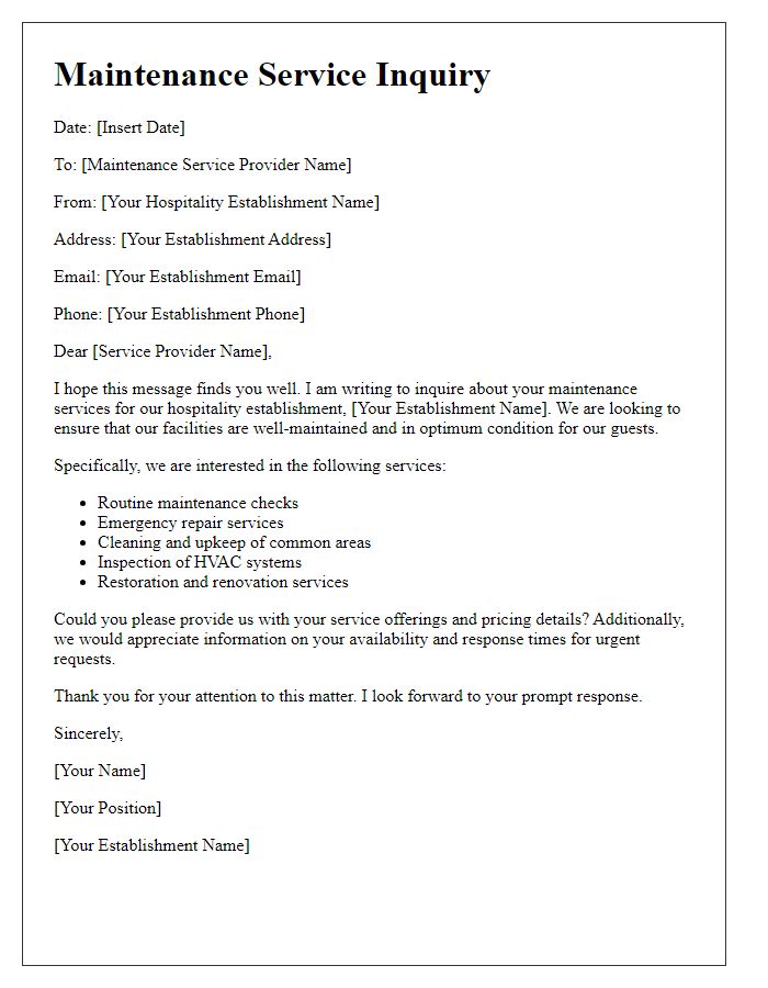 Letter template of maintenance service inquiry for hospitality establishment.