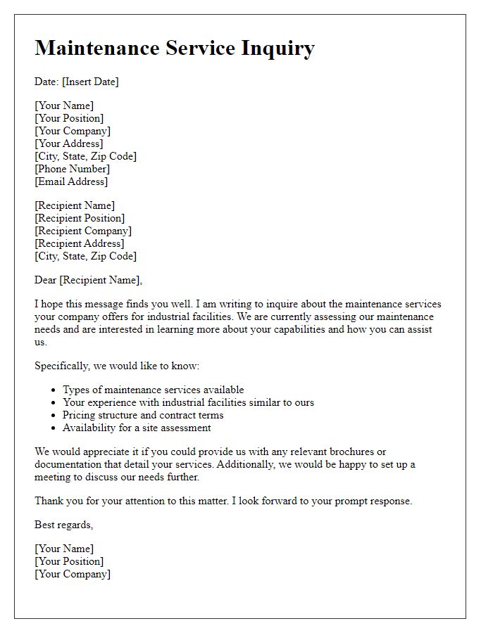 Letter template of maintenance service inquiry for industrial facility.