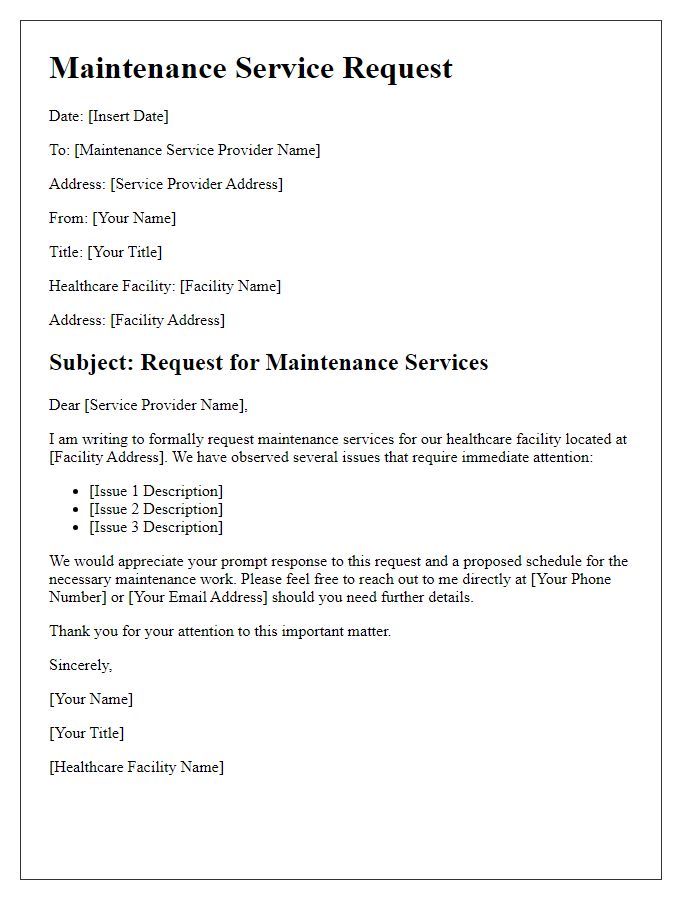 Letter template of maintenance service request for healthcare facility.