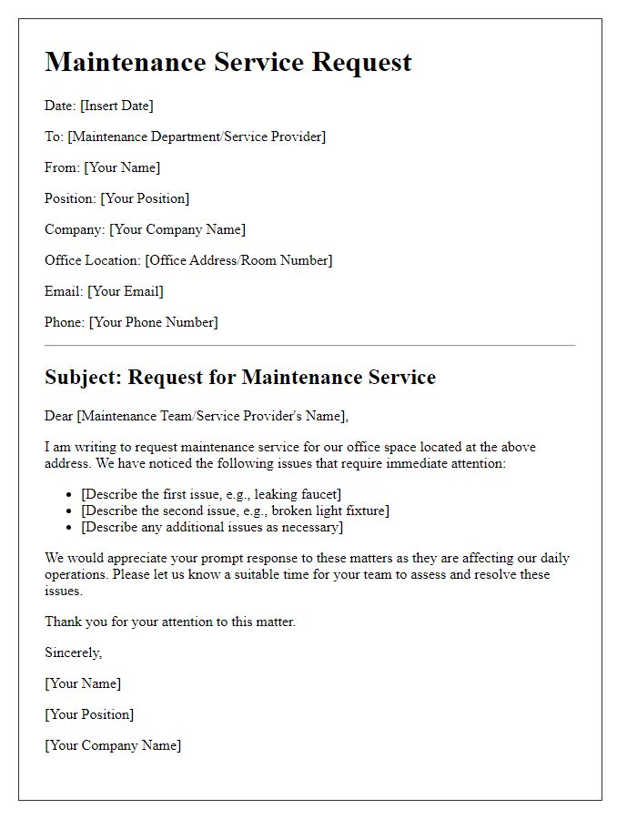 Letter template of maintenance service request for office space.