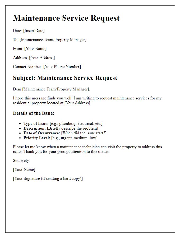 Letter template of maintenance service request for residential property.