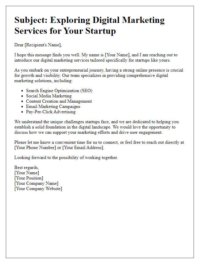 Letter template of digital marketing services exploration for startups