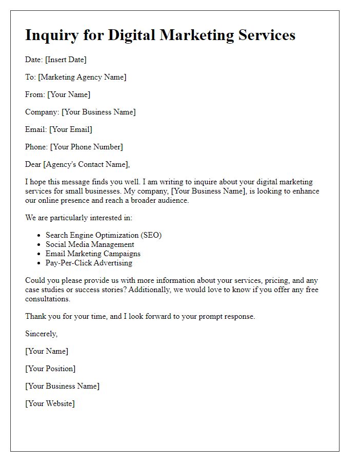 Letter template of digital marketing services inquiry for small businesses