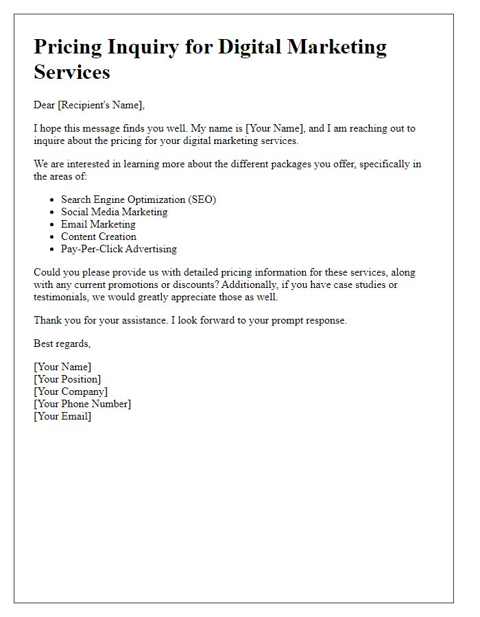 Letter template of digital marketing services pricing inquiry