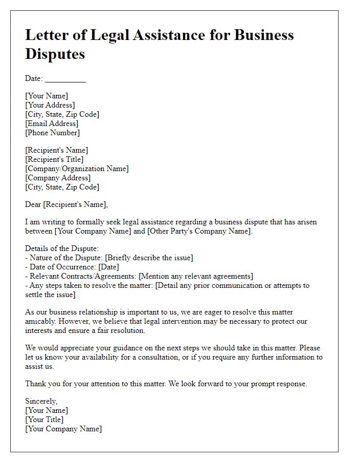 Letter template of legal assistance for business disputes