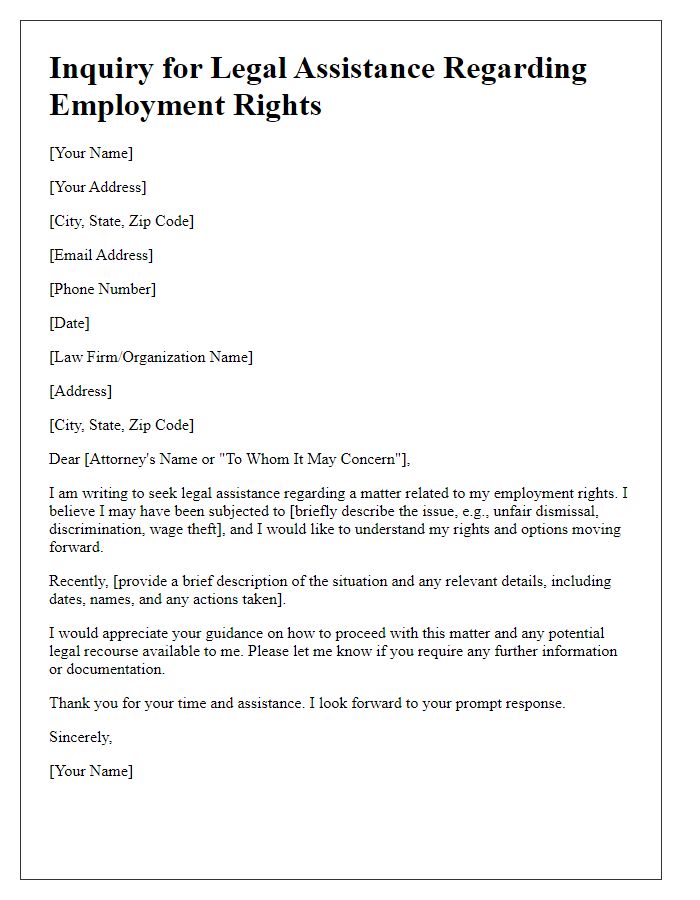 Letter template of legal assistance inquiry for employment rights