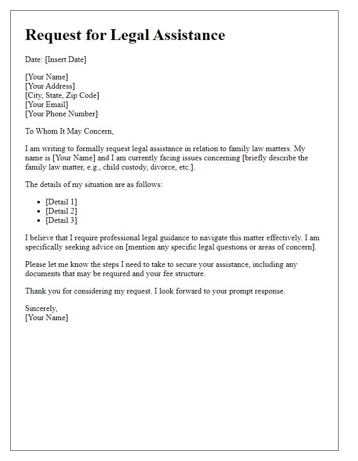 Letter template of legal assistance request for family law matters