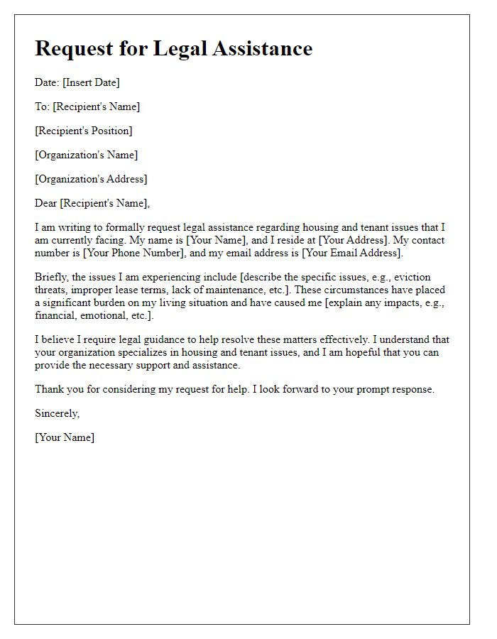 Letter template of legal assistance request for housing and tenant issues