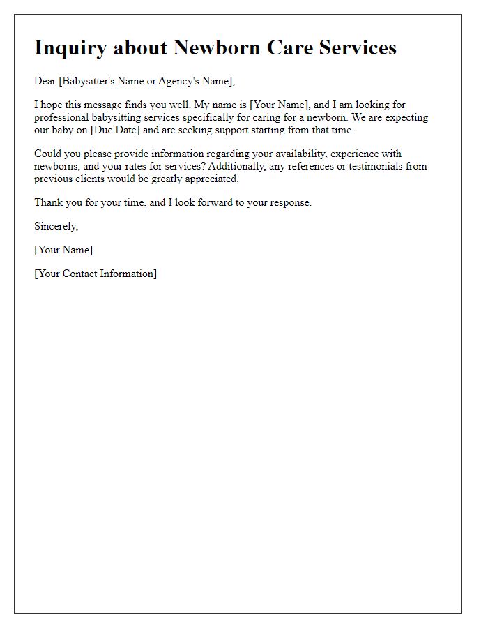 Letter template of babysitting services inquiry for newborn care.