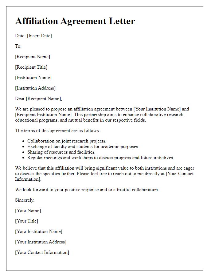 Letter template of affiliation agreement for institutional partnerships.