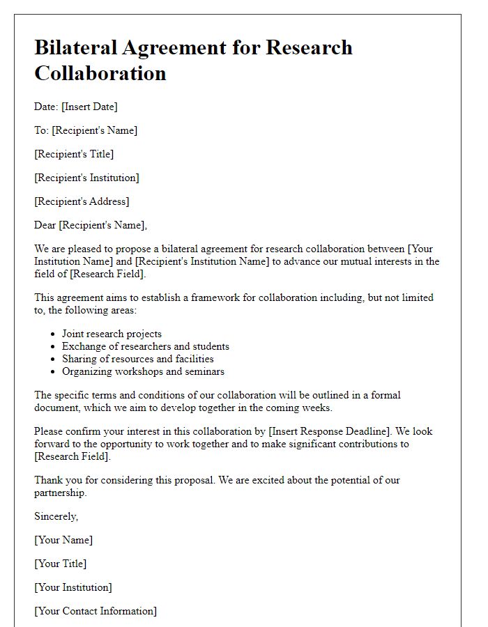 Letter template of bilateral agreement for research collaboration.