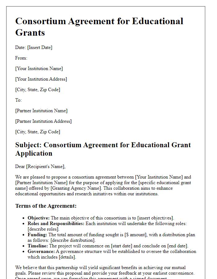 Letter template of consortium agreement for educational grants.