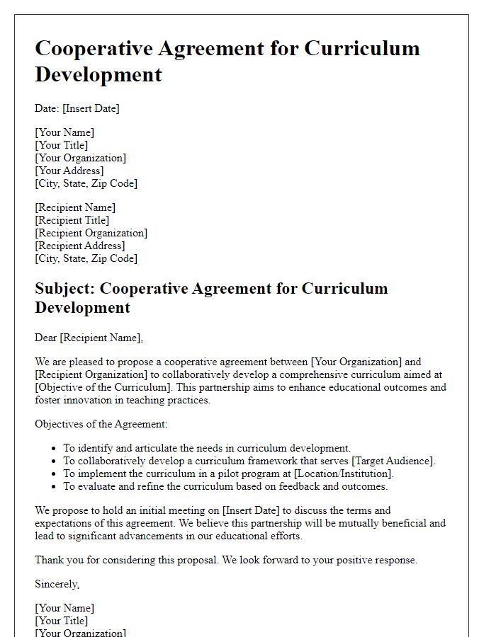 Letter template of cooperative agreement for curriculum development.