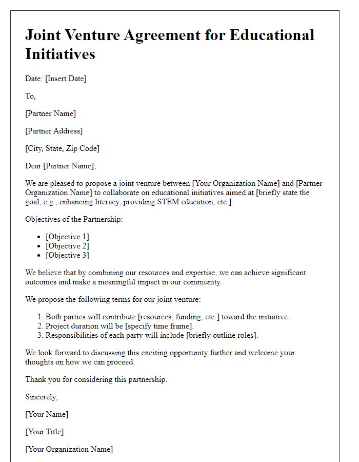 Letter template of joint venture for educational initiatives.