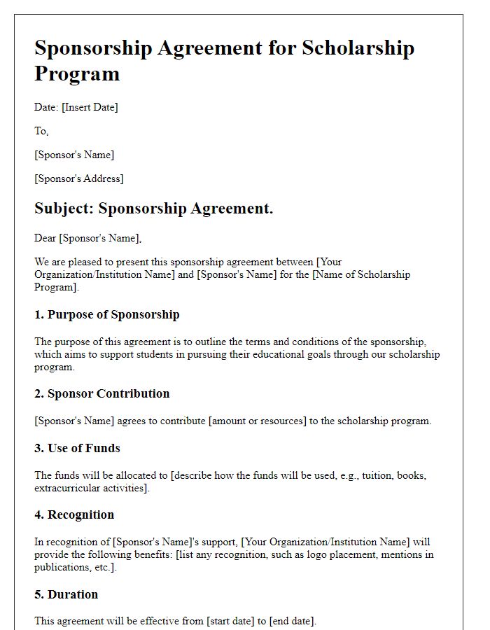 Letter template of sponsorship agreement for scholarship programs.