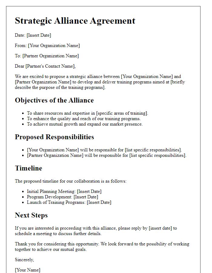 Letter template of strategic alliance for training programs.