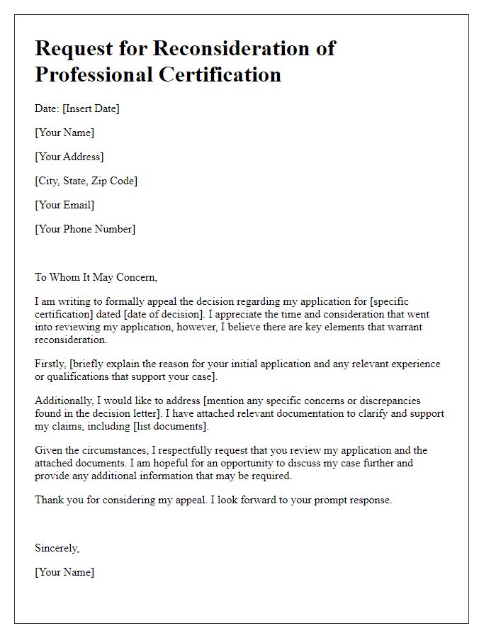 Letter template of appeal for professional certification reconsideration