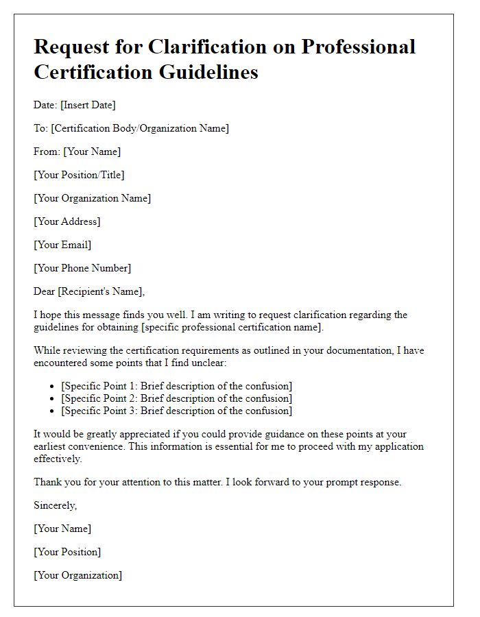 Letter template of clarification request for professional certification guidelines