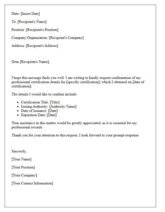 Letter template of confirmation request for professional certification details