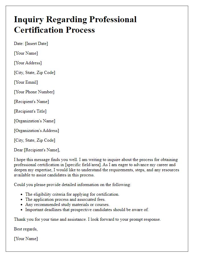 Letter template of inquiry on the process for obtaining professional certification