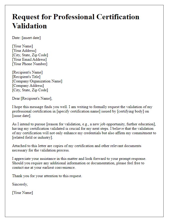 Letter template of request for professional certification validation