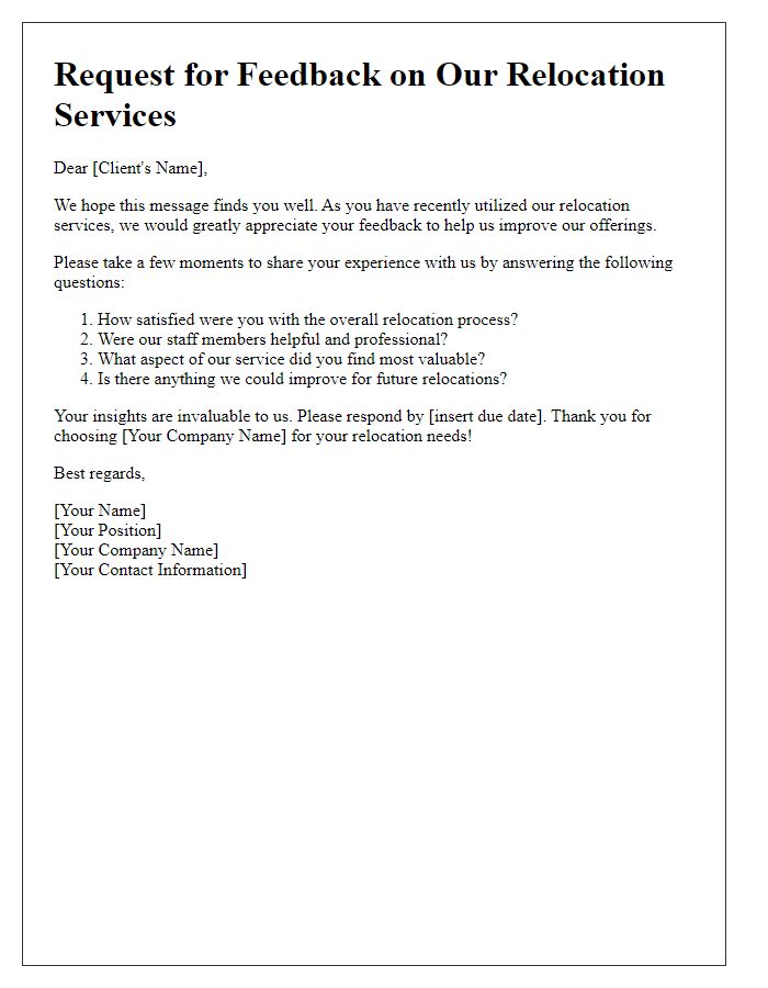 Letter template of relocation services feedback request