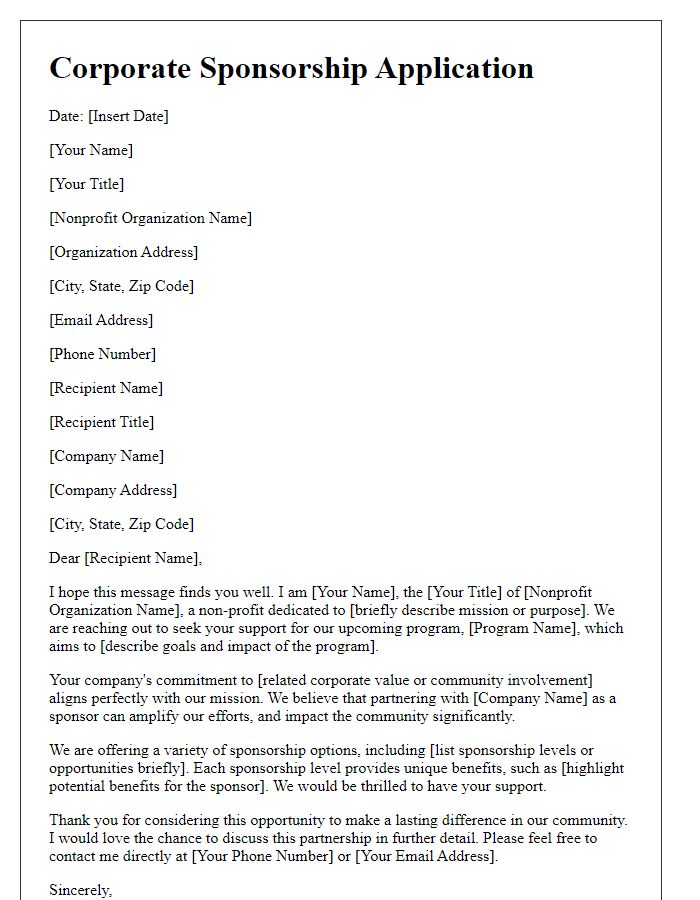 Letter template of corporate sponsorship application for a nonprofit program.