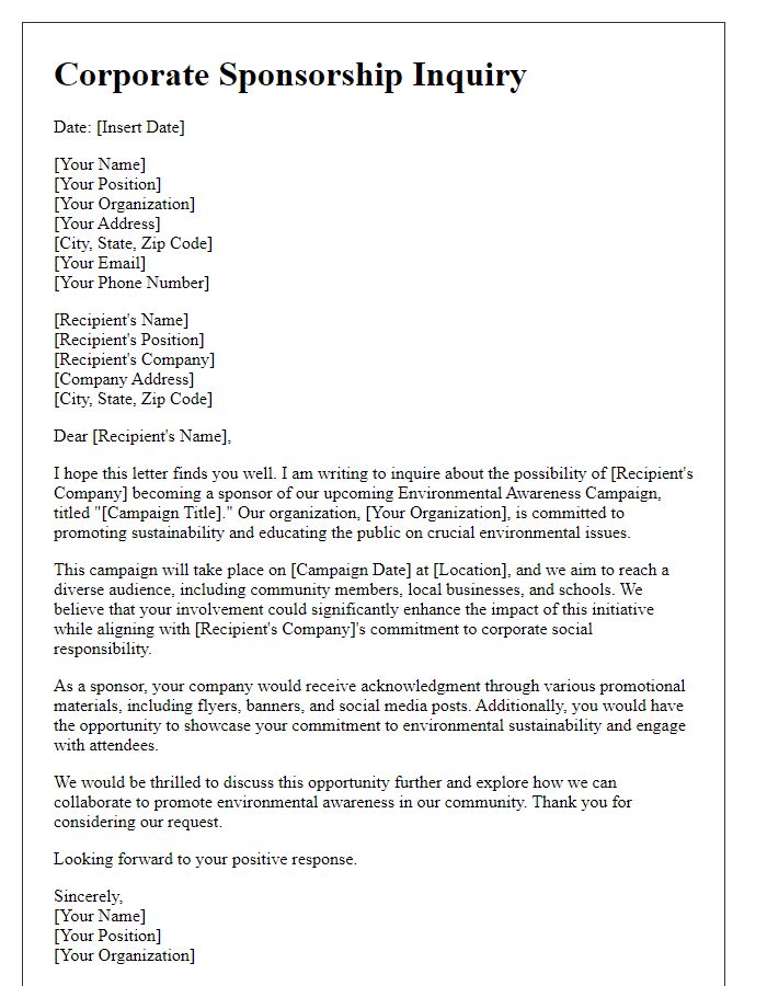 Letter template of corporate sponsorship inquiry for environmental awareness campaign.