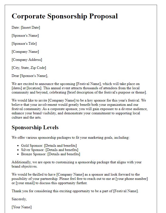 Letter template of corporate sponsorship proposal for a festival.