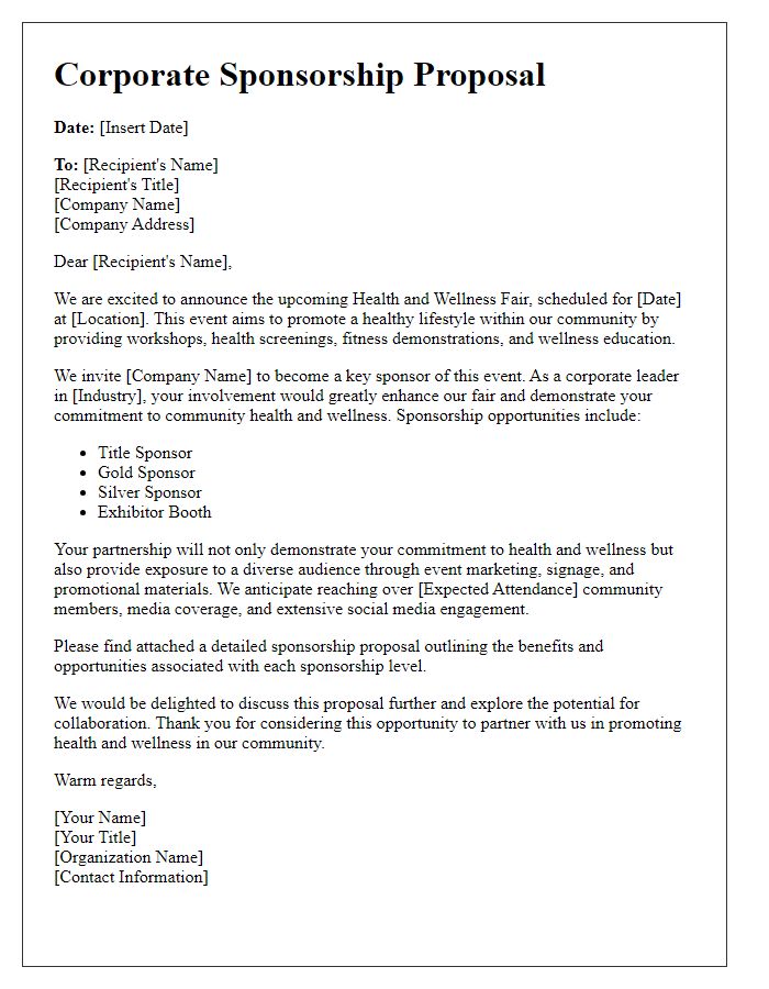 Letter template of corporate sponsorship proposal for a health and wellness fair.