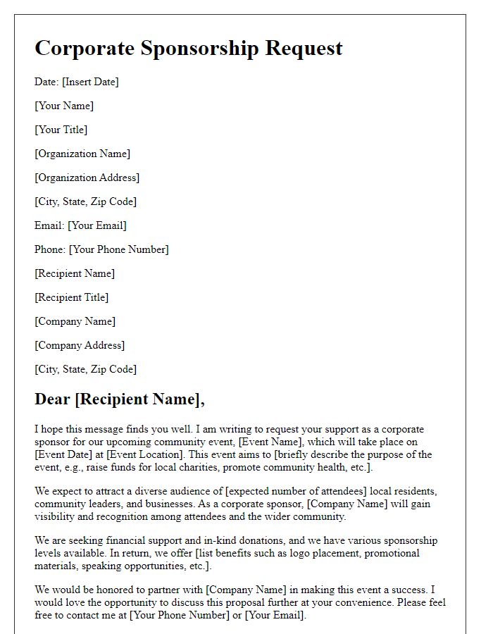 Letter template of corporate sponsorship request for a community event.