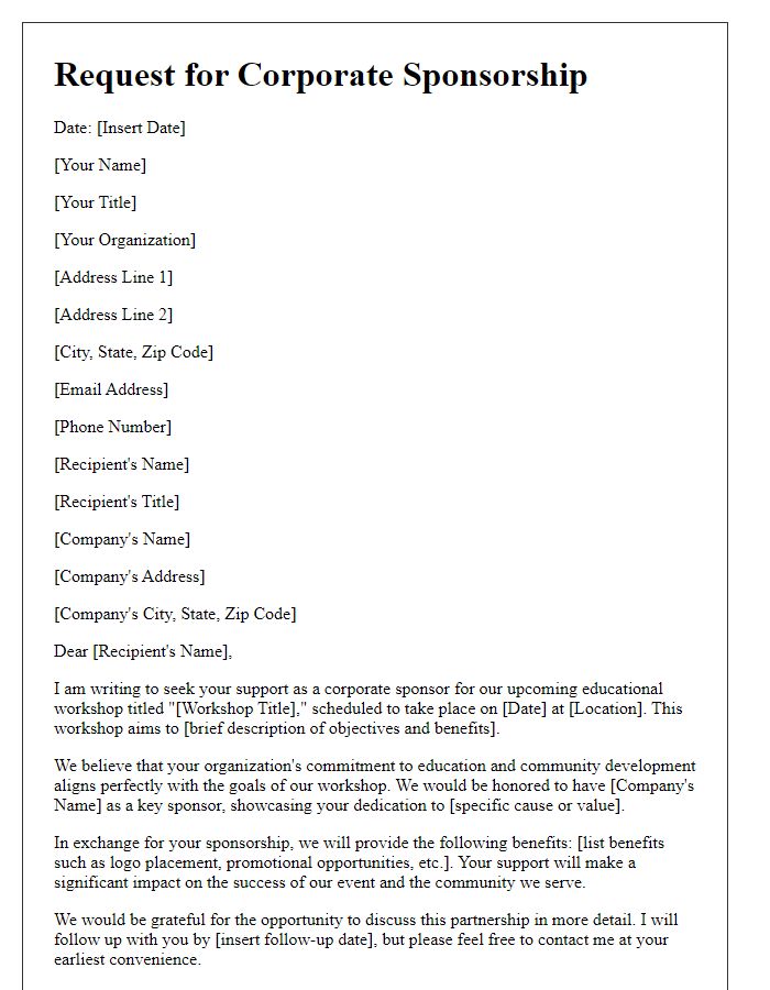 Letter template of corporate sponsorship request for an educational workshop.