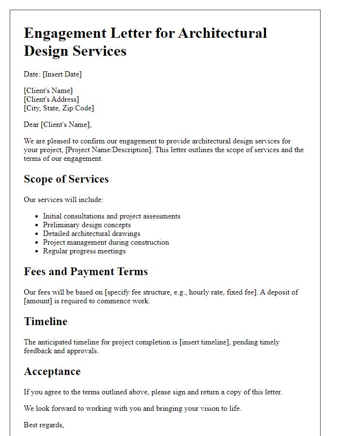 Letter template of engagement for architectural design services