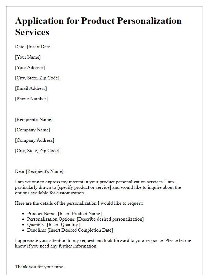 Letter template of application for product personalization services