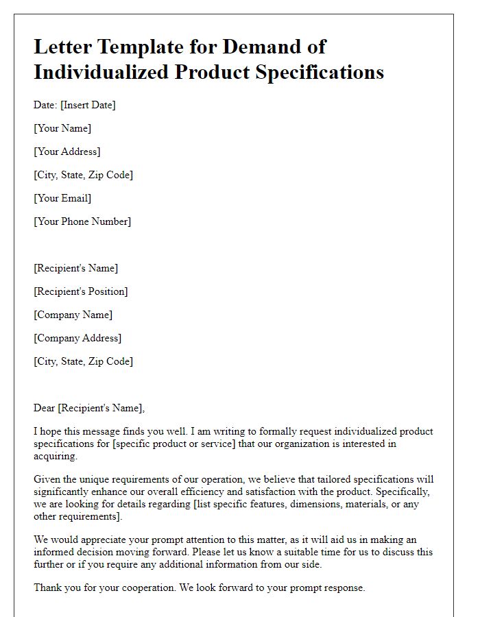 Letter template of demand for individualized product specifications