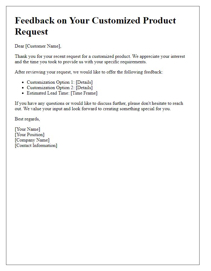 Letter template of feedback on customized product requests