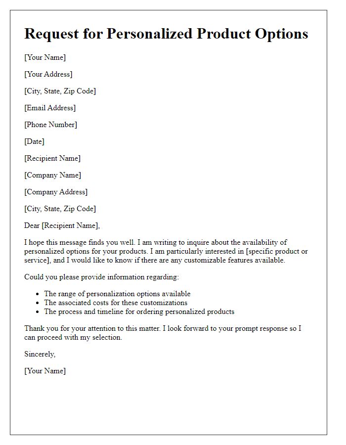 Letter template of request for personalized product options