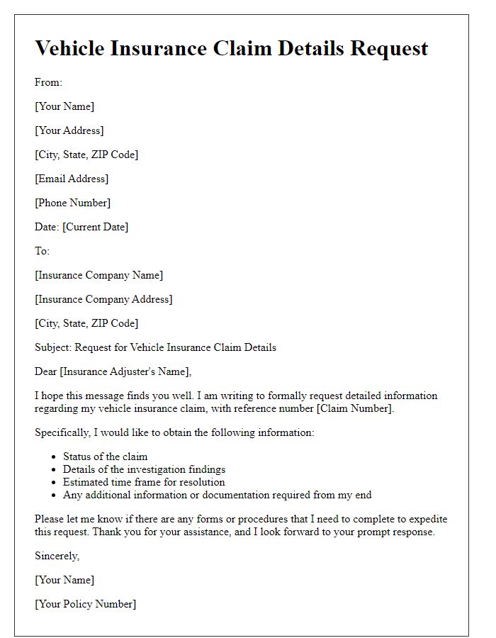 Letter template of vehicle insurance claim details request