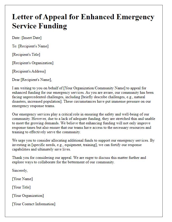 Letter template of appeal for enhanced emergency service funding.