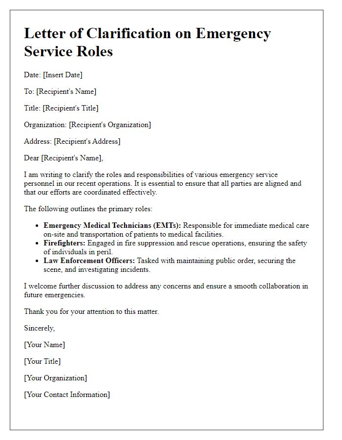 Letter template of clarification on emergency service roles.